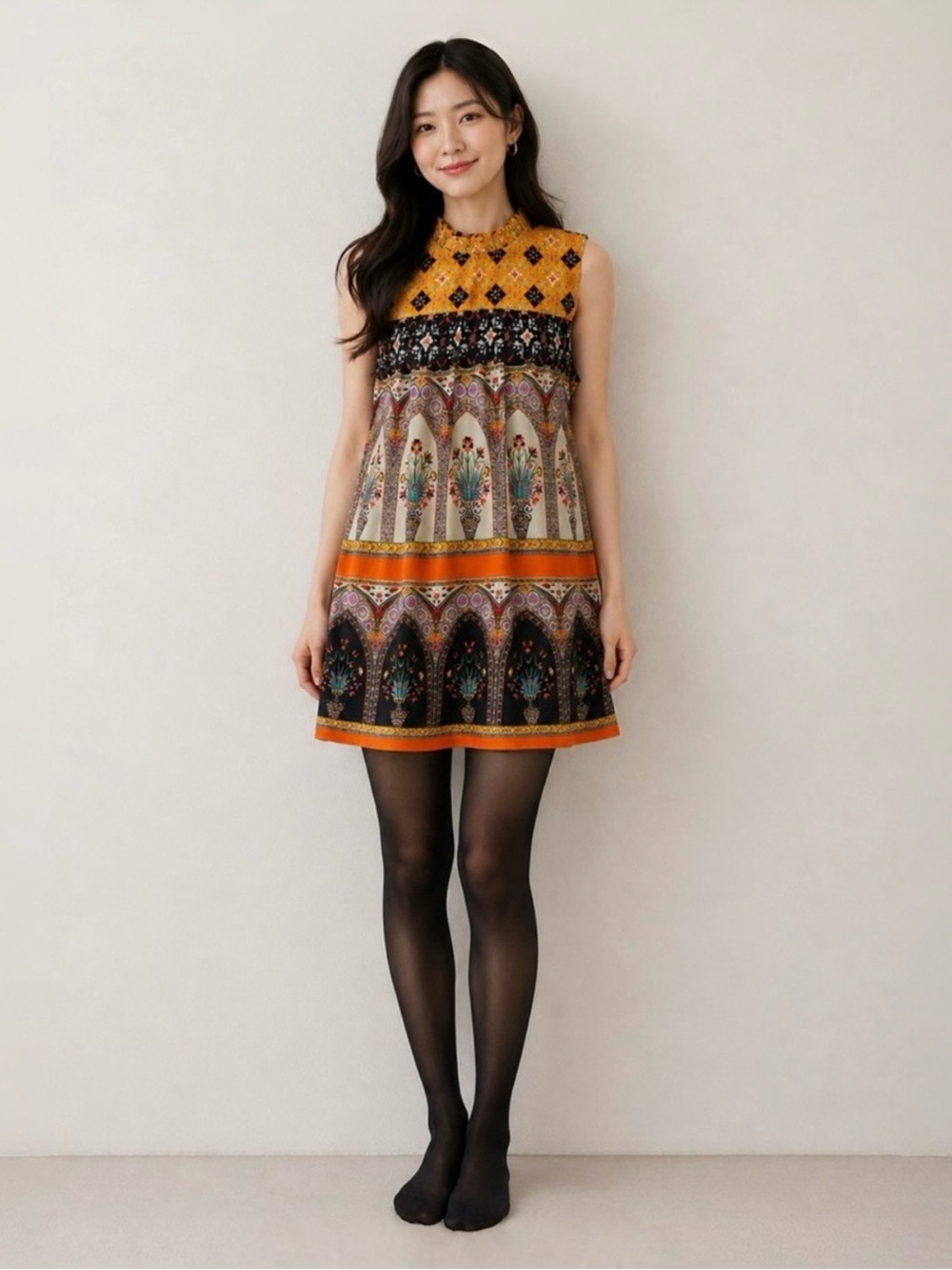 Anthropologie Conditions Apply Boho Sleeveless Mini Dress in Mustard Multicolor